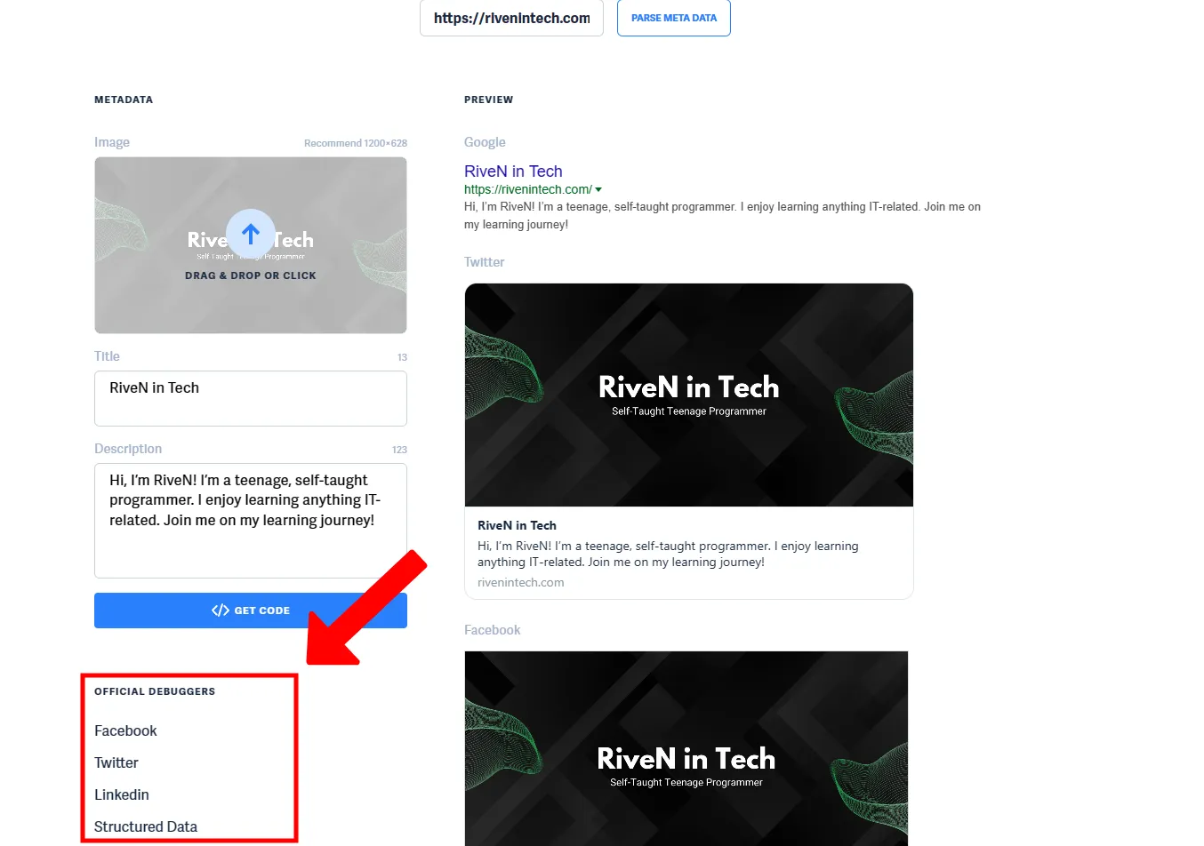 Metatags.io screenshot of debuggers list