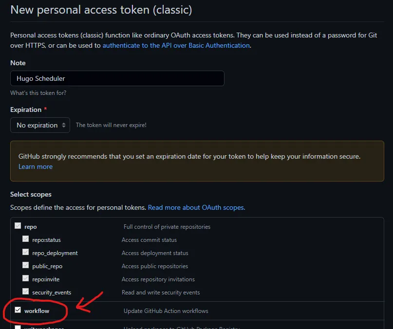GitHub token's settings
