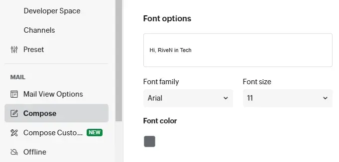 Screenshot of Zoho Mail settings